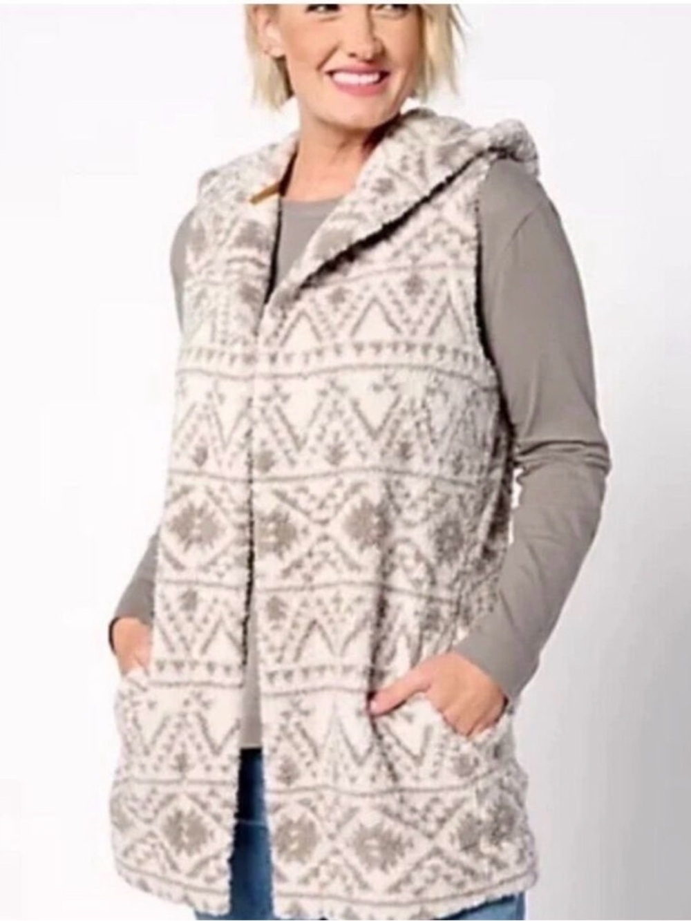 Koolaburra Hooded Sherpa Vest in Cream and Taupe